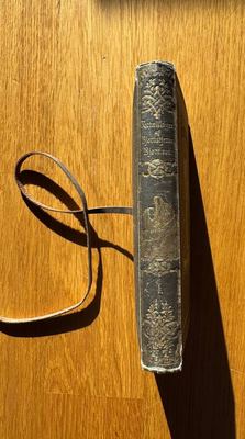 The spine of a rebound Norwegian hardback, with its leather ribbon